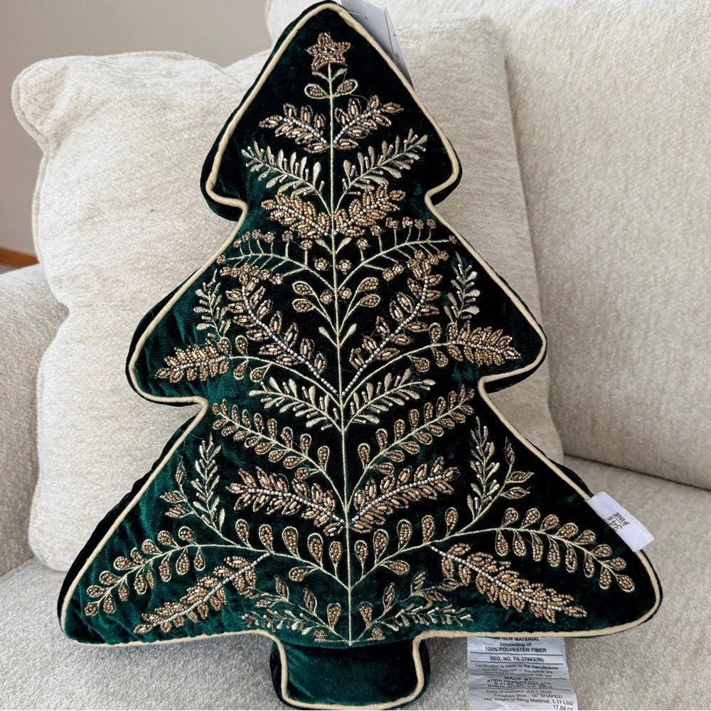 34th & Pine Elegant Embroidered Green Velvet Tree Pillow with Gold Accents